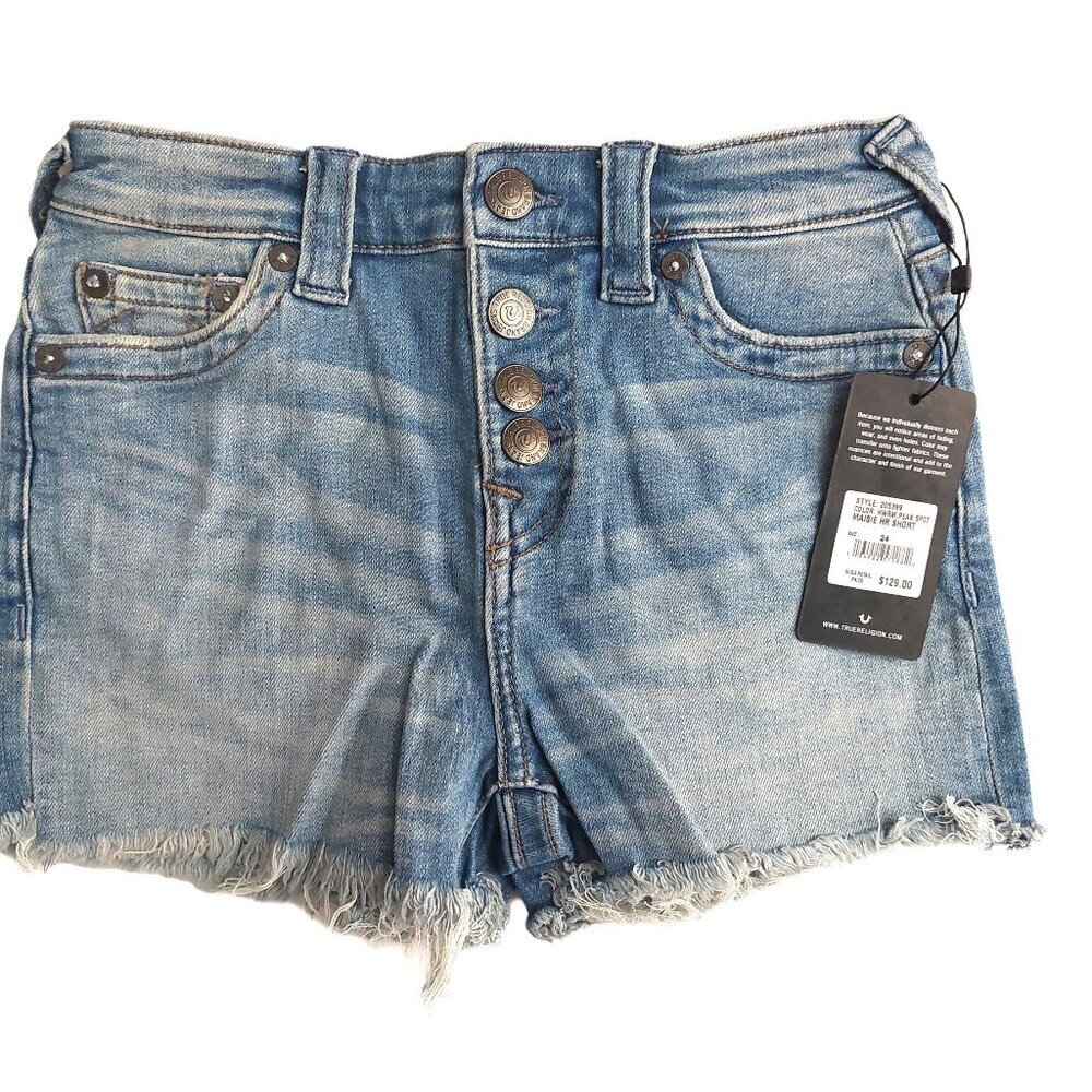 True Religion Brand Jeans Blue Denim Button Fly Maisie High Rise Shorts NWT $129